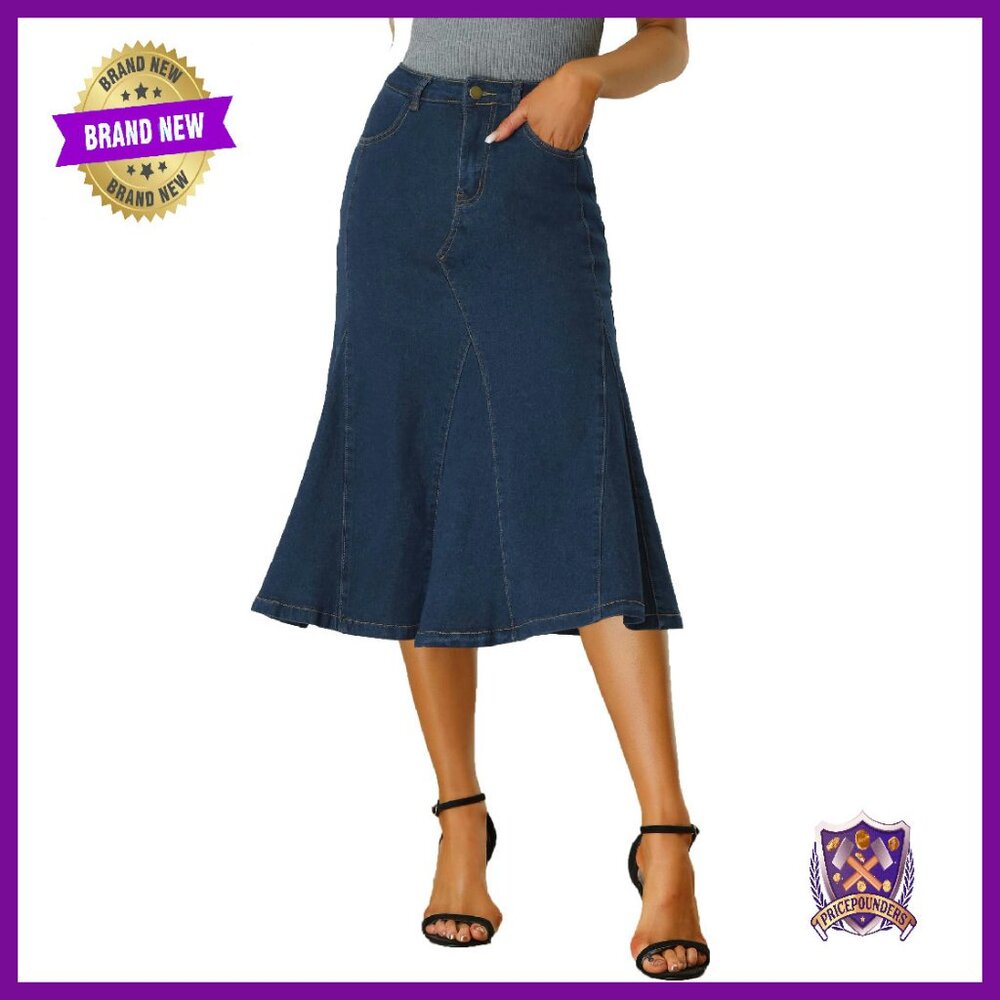 High Waisted A-Line Flared Midi Denim Skirt Casual Wear